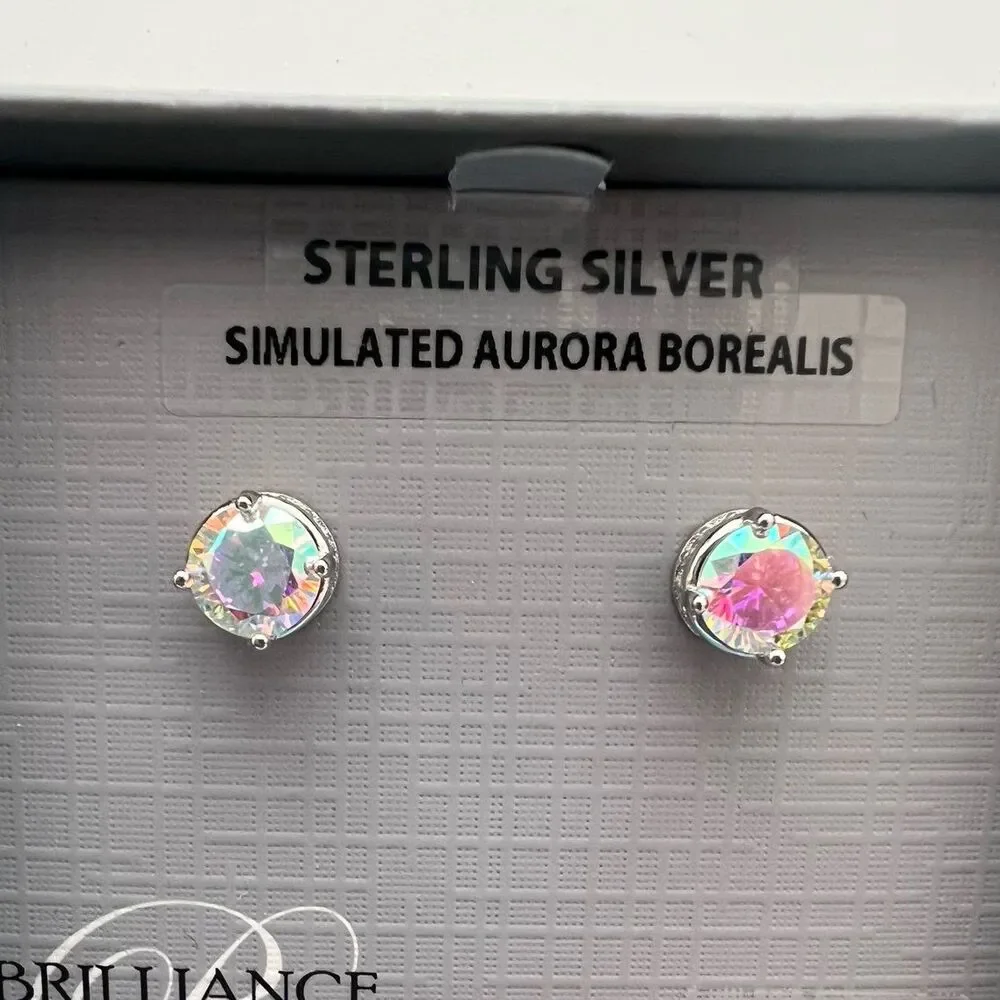 Round stud sterling silver earrings, simulated Aurora Borealis crystal details